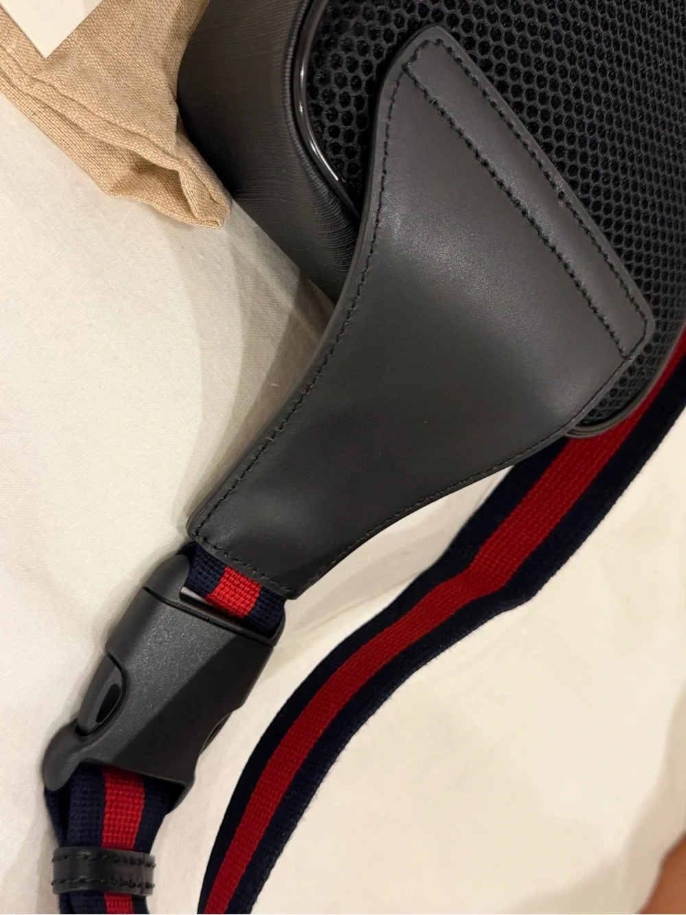 Gucci Black GG Supreme Belt Bag with Red and Navy Web Strap